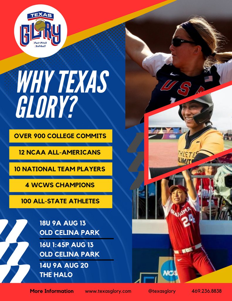 Why Texas Glory? 
❓️🤔❓️
The numbers speak for themselves. Over 40 of our 2024's are already committed. Will you be when you're headed into your senior year? History has all the answers you need.

TRYOUTS
18u/16u | Aug 13th | Old Celina Park
14u | Aug 20th | The Halo