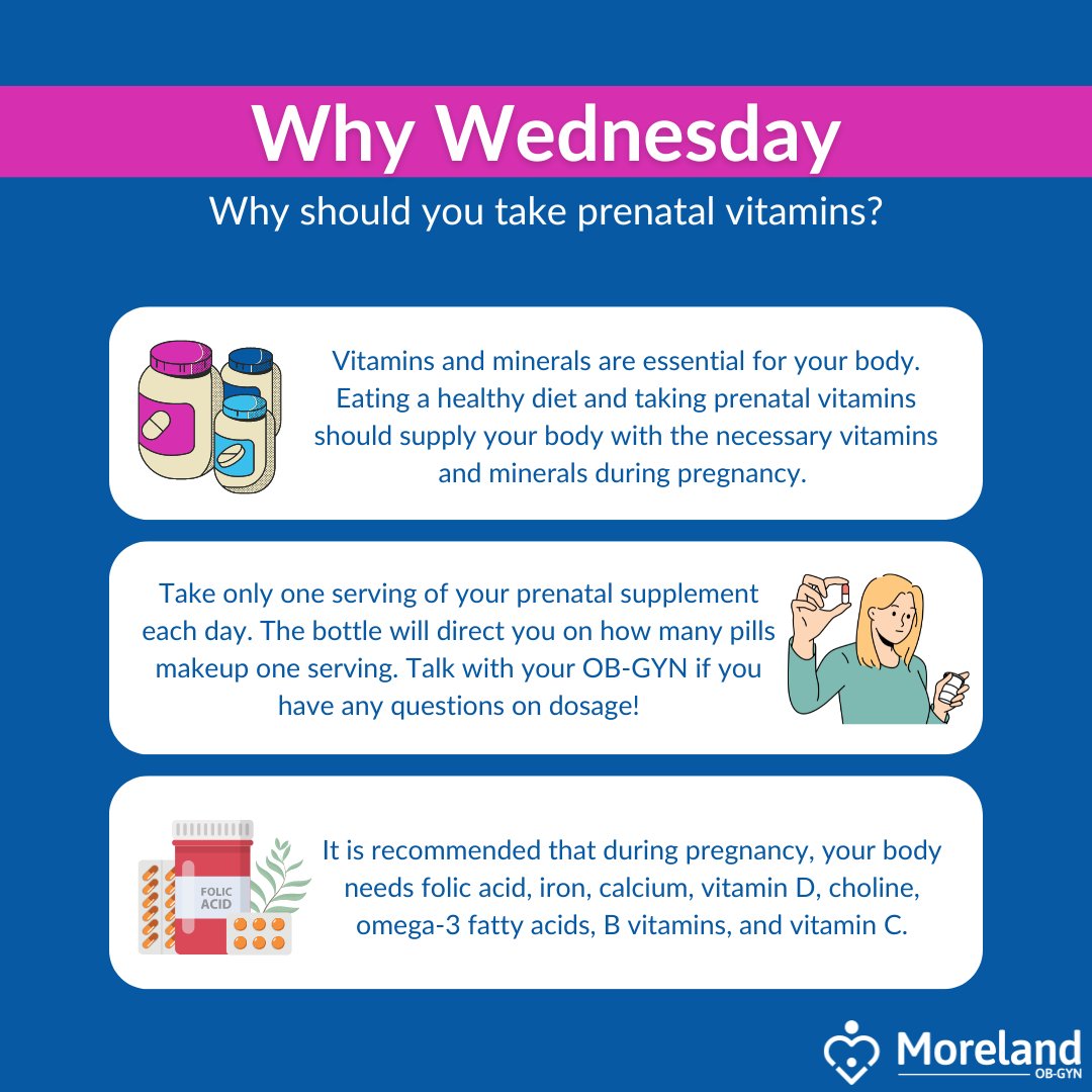 This week's #WhyWednesday is all about the importance of taking prenatal vitamins during pregnancy! #Morelandobgyn #prenatal #prenatalvitamins #pregnancynutrition #pregnancyjourney #womenshealth