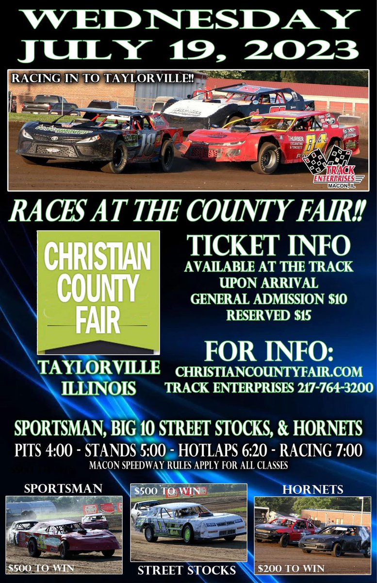 Track Enterprises (@teiracing) on Twitter photo IT IS RACE DAY AT THE Christian County Fair! Racing returns to Taylorville, IL tonight as the <a href="/DIRTcarRacing/">DIRTcar Racing</a> Sportsman, <a href="/MWBig10Series/">Midwest Big10 Series</a> Street Stocks, & Hornets all are in action. More info at facebook.com/10006361440843…, trackenterprises.com, &christiancountyfair.com/stock-car-race… IT IS RACE DAY AT THE Christian County Fair! Racing returns to Taylorville, IL tonight as the <a href="/DIRTcarRacing/">DIRTcar Racing</a> Sportsman, <a href="/MWBig10Series/">Midwest Big10 Series</a> Street Stocks, & Hornets all are in action. More info at facebook.com/10006361440843…, trackenterprises.com, &christiancountyfair.com/stock-car-race…