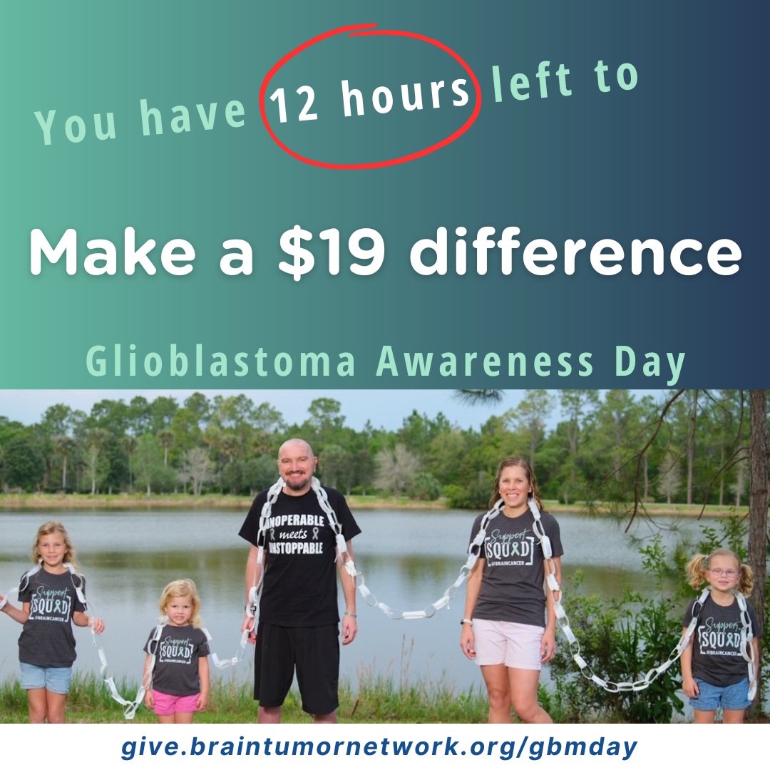 BTNcares's tweet photo. Only 12 hours remain to contribute to our #GBMDay campaign! Will you support our mission today and ensure we can help more individuals impacted by #glioblastoma? https://t.co/7j1qsZVpHd https://t.co/YnqYEU6juN