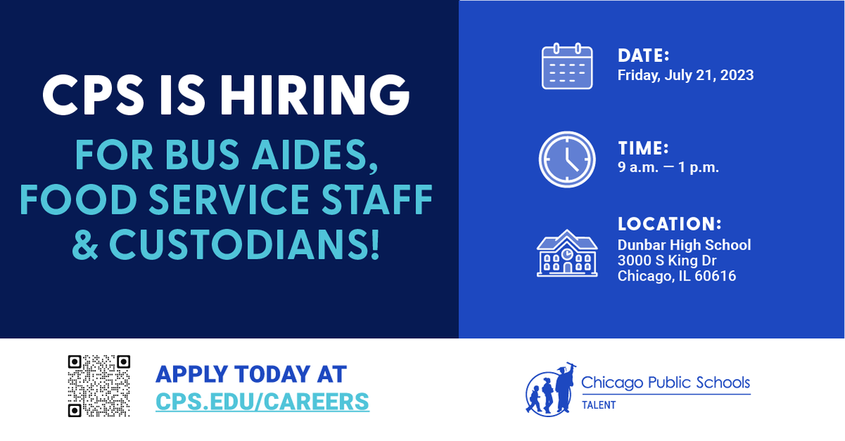 Chicago Public Schools is hiring! 

<a href="/ChiPubSchools/">CPS - Chicago Public Schools</a> is seeking full-time transportation bus drivers, aides, and more!

Attend the CPS job fair, Friday, July 21st, 9 a.m. to 1 p.m. at Dunbar High School, 3000 South King Drive, or apply online today at cps.edu/careers