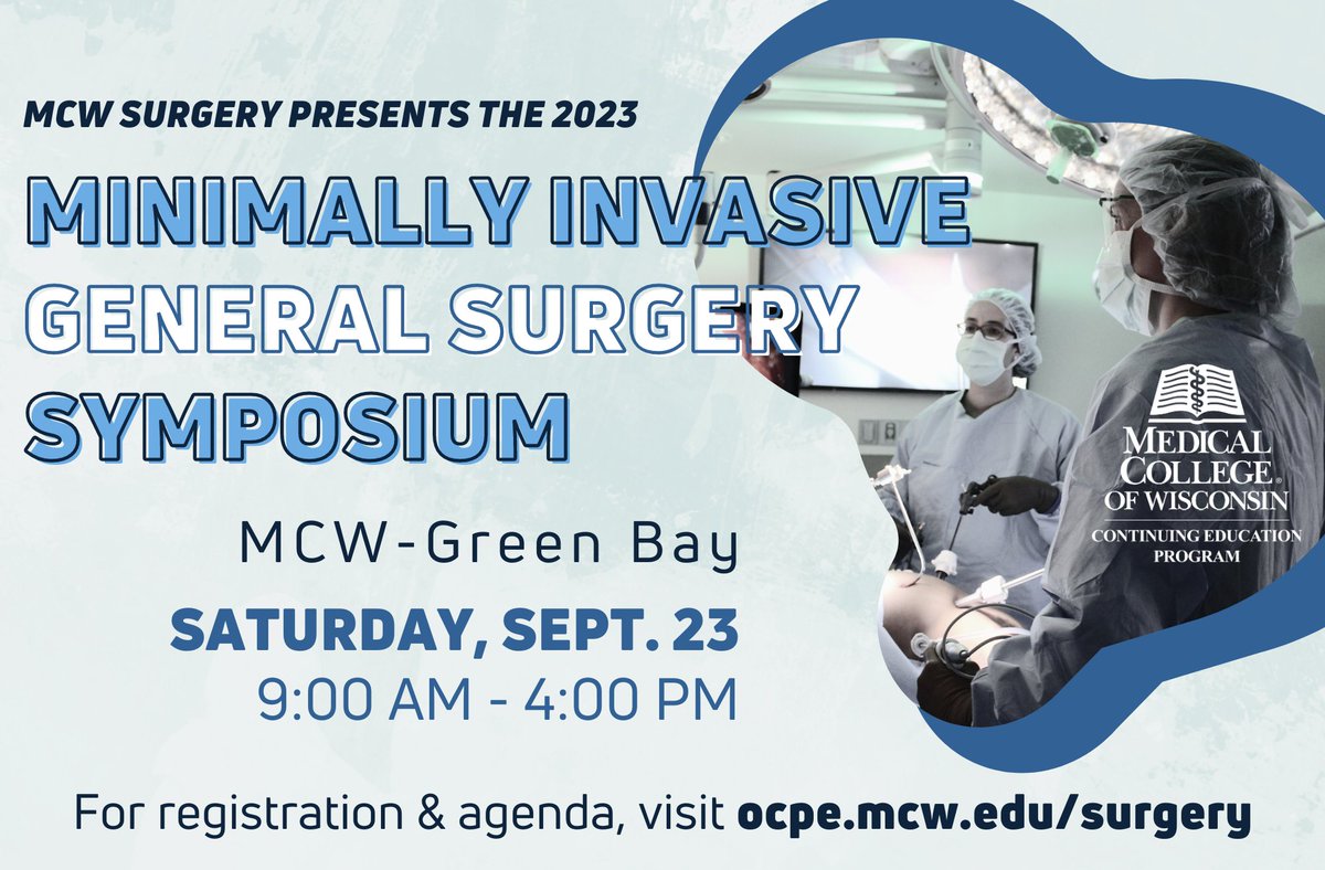 MCW Surgery (@mcwsurgery) on Twitter photo Join us at MCW-Green Bay for the <a href="/MCWSurgery/">MCW Surgery</a> Minimally Invasive General Surgery Symposium! Speakers include faculty experts from <a href="/MCWMIGS/">MCWMIGS</a> and guest speakers Shanley Deal MD, Jeffrey Marks MD & <a href="/UjikiMike/">Mike Ujiki</a>!
Register now: bit.ly/MCWMIGS23
#LeadingTheWay <a href="/SAGES_Updates/">SAGES is in Tampa in 2026!</a> Join us at MCW-Green Bay for the <a href="/MCWSurgery/">MCW Surgery</a> Minimally Invasive General Surgery Symposium! Speakers include faculty experts from <a href="/MCWMIGS/">MCWMIGS</a> and guest speakers Shanley Deal MD, Jeffrey Marks MD & <a href="/UjikiMike/">Mike Ujiki</a>!
Register now: bit.ly/MCWMIGS23
#LeadingTheWay <a href="/SAGES_Updates/">SAGES is in Tampa in 2026!</a>