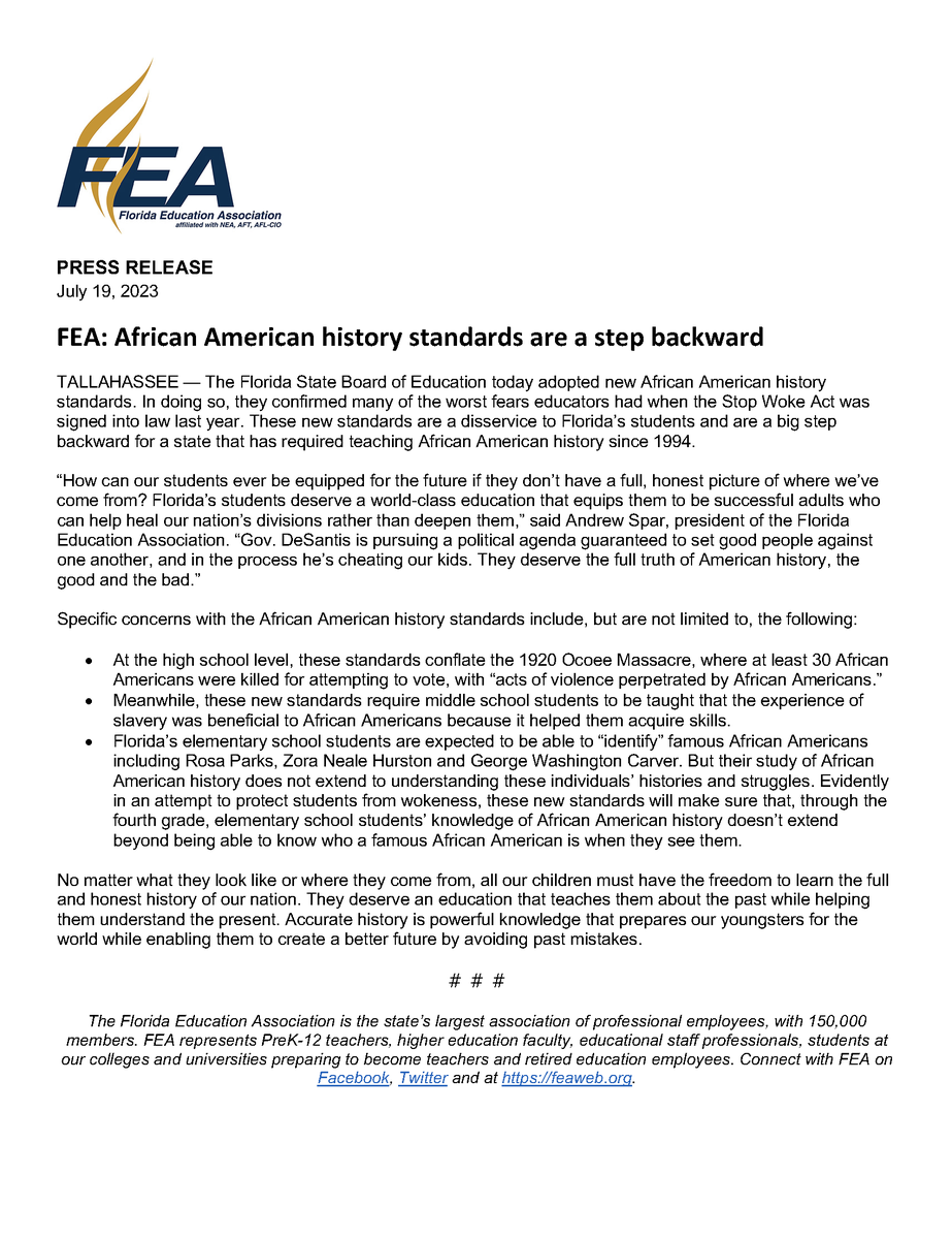 FloridaEA's tweet photo. In response to the adoption of the African American history standards, FEA issued the following press release.

"How can our students ever be equipped for the future if they don’t have a full, honest picture of where we’ve come from?” @andrewsparfea https://t.co/1mhzouuewo