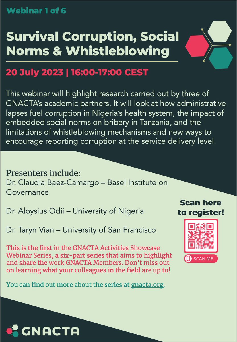 GNACTA (@gnacta4health) on Twitter photo Tomorrow we will launch the GNACTA Activities Showcase Webinar Series! Our 1st webinar (16:00-17:00 CEST) will cover #SurvivalCorruption, #SocialNorms and #Whistleblowing; featuring <a href="/TarynVian/">Dr. Taryn Vian</a> @ClaudiaBaezCam1
Be sure to register ASAP! shorturl.at/HRT01
#anticorruption Tomorrow we will launch the GNACTA Activities Showcase Webinar Series! Our 1st webinar (16:00-17:00 CEST) will cover #SurvivalCorruption, #SocialNorms and #Whistleblowing; featuring <a href="/TarynVian/">Dr. Taryn Vian</a> @ClaudiaBaezCam1
Be sure to register ASAP! shorturl.at/HRT01
#anticorruption