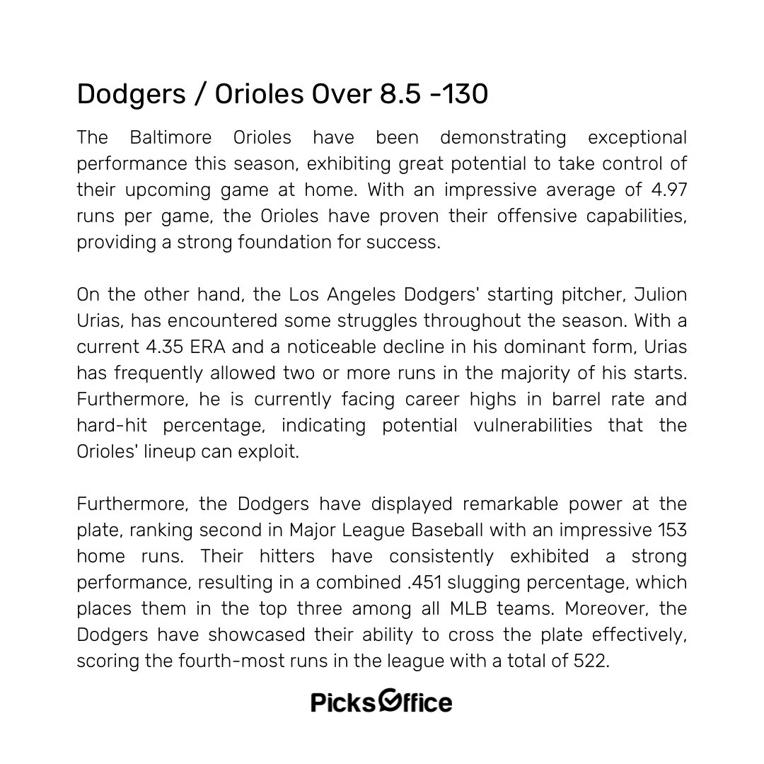 Picks Office on Twitter "MLB Dodgers Orioles Over 8.5 130 / 1 Unit