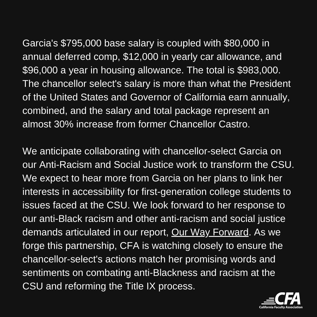CFA_United's tweet photo. CFA statement on the appointment of Dr. Mildred García as the new @calstate chancellor. #HigherEducation #Chancellor #CSUTrustees https://t.co/gFZSngBCVm
