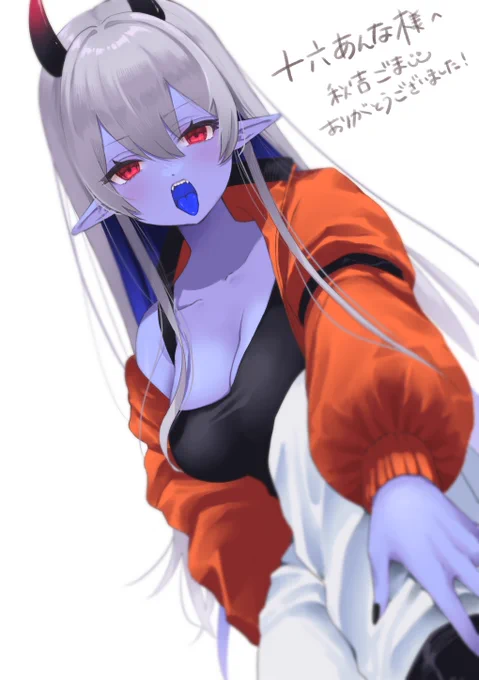 𝗔𝗿𝘁 𝗯𝘆:✧秋吉ごま様  ✧Skebにて秋吉ごまさんに代理キャラ兼OCのANNAを描いていただきましたごまさん画の、私の好き要素(鬼ツノ銀髪青ベロ異色肌黒爪巨女etc...)を詰め込んだ自キャラめちゃくちゃかわいいいいいいしかも!(ツリーに続く)↓ 