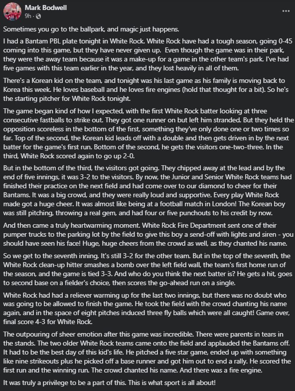 bcpbl1's tweet photo. Last night was a special night in our BTM Division as the @wrtritons won their 1st game. What happened during the game was what made it special.

See the following recap from one of the most senior  @BCUmpires Mark Bodwell, who was umpiring the game. (with his permission) Chills. https://t.co/yi92ANXt9N