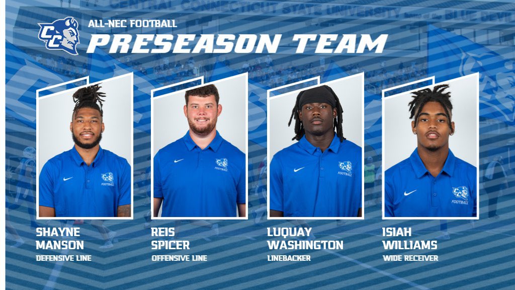 Congrats to 4️⃣ of our players being named to the Preseason @NECFootball Team 🔥 Shayne Manson- DL Reis Spicer- OL Luquay Washington- OLB Isiah “Smiley” Williams- WR #NECFB