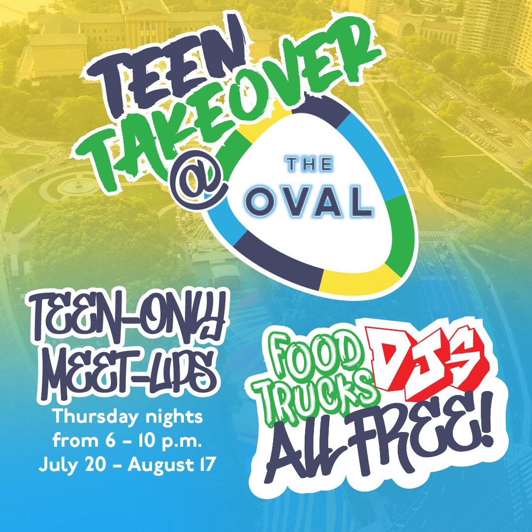 PhilaParkandRec's tweet photo. Teen Meet Up @TheOvalPHL! Pop-Up teen nights kick off Thursday, July 20 across from the Rocky Steps at Eakins Oval in Center City.

Free food and music for teens on Thursdays from 6-10 pm —July 20th to August 17th! See you there! https://t.co/Mwg3ciEbEF