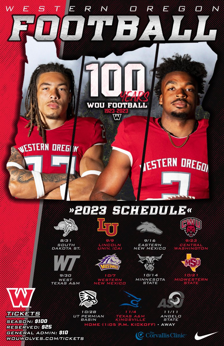 FB | The 2023 Western Oregon football schedule poster is out!

Drop by the New PE Building Athletics Office to grab your free schedule poster today - and while you are there, check in about season tickets as the Wolves celebrate 100 years of WOU football.