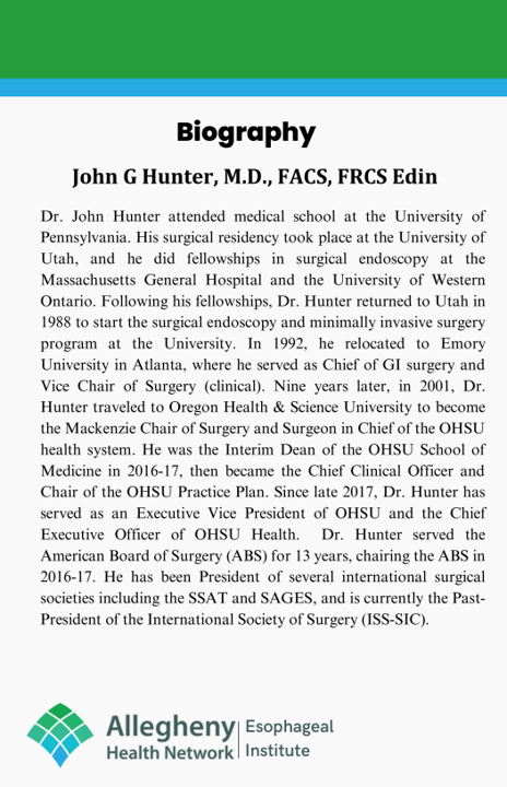 We are delighted to have Dr. John Hunter @jghuntermd from @OHSUsurgery as visiting professor for the 7th annual Lectureship in Esophageal Surgery. Please join @AHNSurgeryInst and @ahnesophagus this Friday, July 21st at Wintergarden Conf Center, West Penn Hospital for this event.