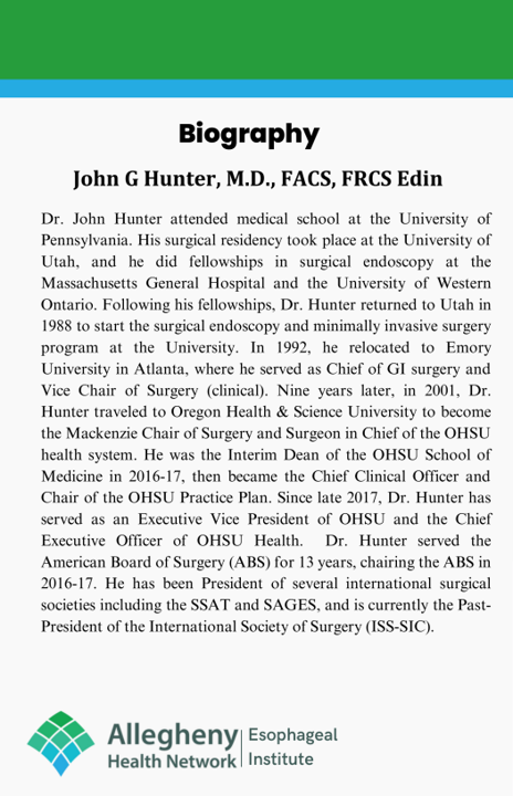 AHN Esophageal Institute (@ahnesophagus) on Twitter photo We are delighted to have Dr. John Hunter <a href="/jghuntermd/">John Hunter</a> from @OHSUsurgery as visiting professor for the 7th annual Lectureship in Esophageal Surgery. Please join <a href="/AHNSurgeryInst/">AHN Surgery Institute</a> and @ahnesophagus this Friday, July 21st at Wintergarden Conf Center, West Penn Hospital for this event. We are delighted to have Dr. John Hunter <a href="/jghuntermd/">John Hunter</a> from @OHSUsurgery as visiting professor for the 7th annual Lectureship in Esophageal Surgery. Please join <a href="/AHNSurgeryInst/">AHN Surgery Institute</a> and @ahnesophagus this Friday, July 21st at Wintergarden Conf Center, West Penn Hospital for this event.