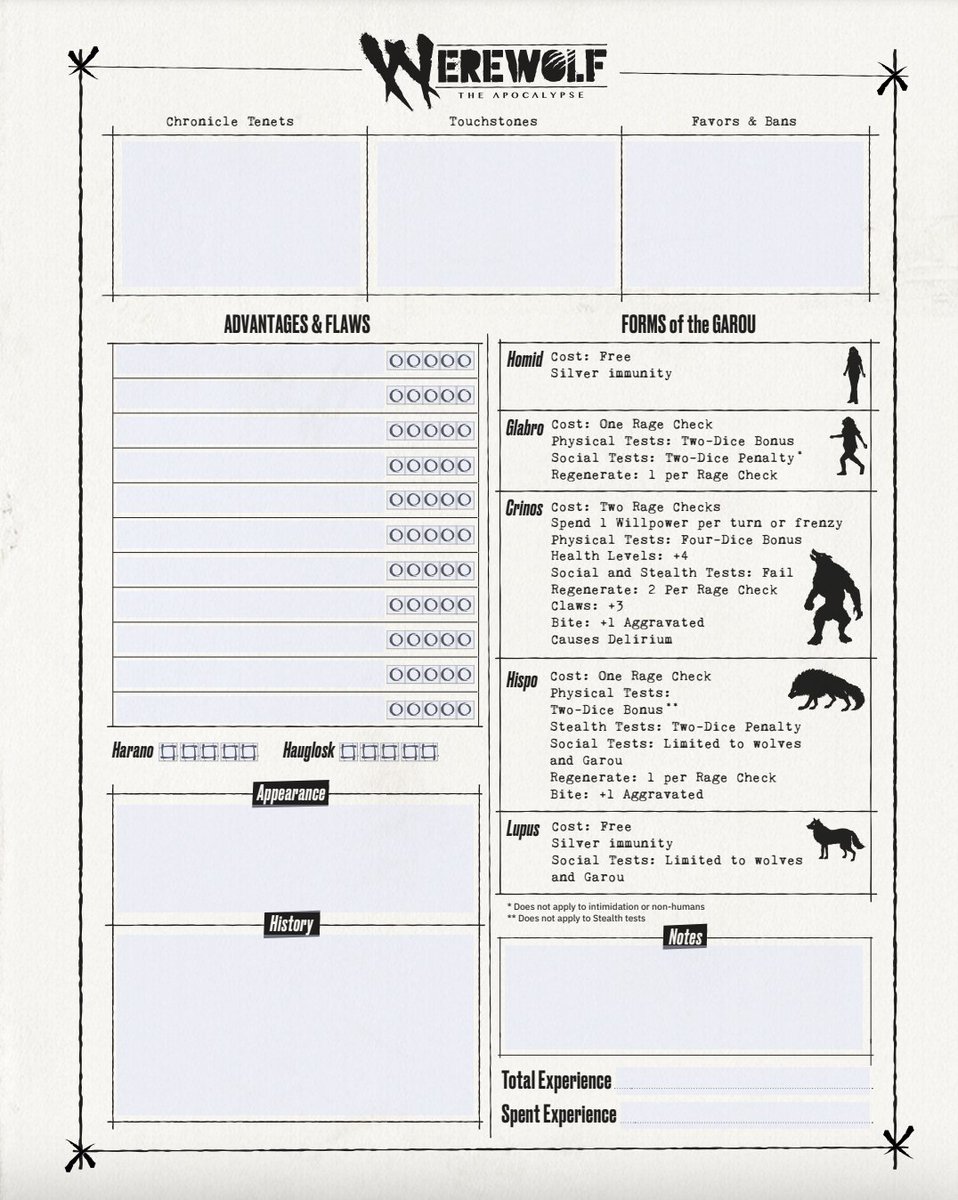 Get your character sheets ready for when Werewolf: The Apocalypse 5th Edition releases!

Form-fillable sheet in PDF is available below: 
tinyurl.com/w5-sheet