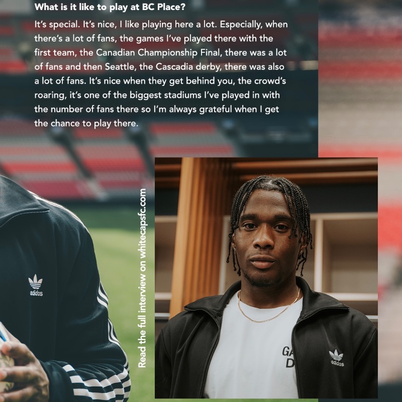 WhitecapsFC's tweet photo. In this edition of 'Quality Time' presented by @GE_Appliances, @LevonteJohnson_ shares how he came about his goal celebration in the 2023 Canandian Championship, his first impressions of the first team and some insights on his future goals.