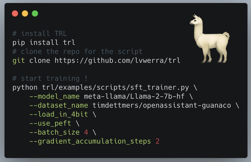 Did you know that you can train all Llama-2 models on your own data in just a few lines?

The script even works with the 70B model on a single A100 GPU thanks to the magic of 4bit and and PEFT!

Learn more: huggingface.co/docs/trl/main/…
Full script: github.com/lvwerra/trl/bl…