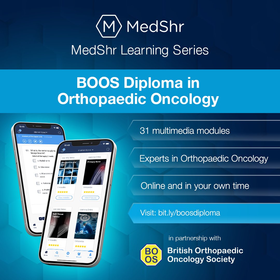 medshronline's tweet image. Are you looking to improve your skills in orthopaedic Oncology? Our Diploma in Orthopaedic Oncology is available to study on @Medshrlearning. This interactive, online course can be studied at your own pace. bit.ly/boosdiploma #MedTwitter #orthotwitter