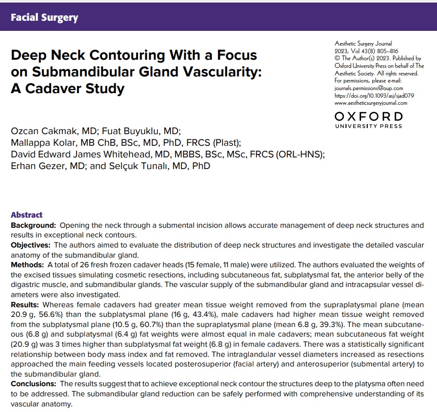 ASJrnl's tweet photo. NEW in @ASJrnl: "Deep Neck Contouring With a Focus on Submandibular Gland Vascularity: A Cadaver Study"
Read the paper and Turkish abstract translation at https://t.co/VnbZtj3ctr
#plasticsurgery
#neckcontouring https://t.co/sfWwOvt2Gx