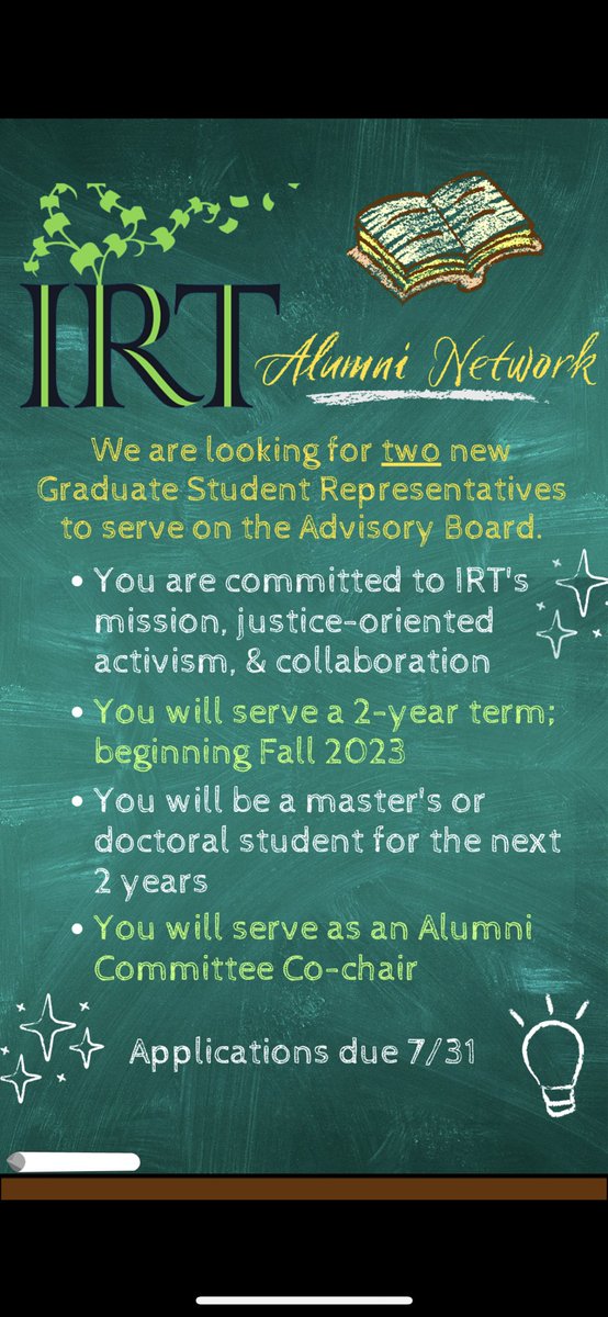 IRTAndover's tweet photo. IRT is recruiting two alums to serve as current graduate student representatives on our Advisory Board! https://t.co/hAyujcSFHI