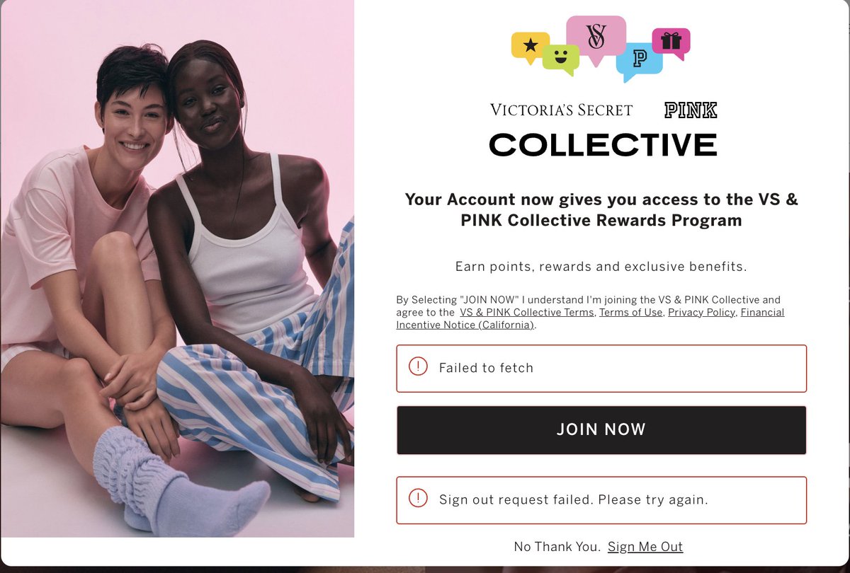 set817's tweet photo. @VictoriasSecret Terrible UX. The "No Thank You" link doesn't work. the sign me out doesn't work the join now doesn't work. It's blocking dialog that you can't get out of. https://t.co/UScx33d380