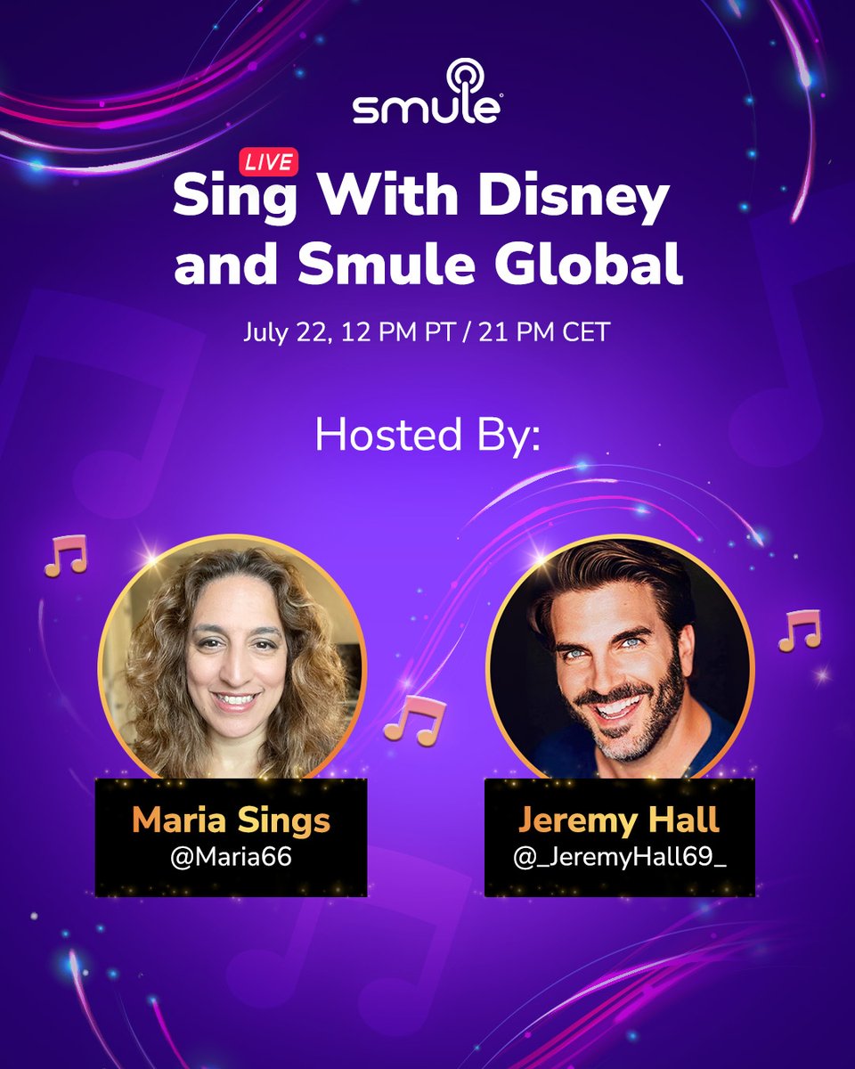 smule's tweet photo. Wondering what to do this weekend? 😍 How about joining Maria66 and _JeremyHall69_ this Saturday, July 22nd, 12 PM PT/ 21 PM CET for an enchanting #SingLive on #SmuleGlobal.
📅 Save the date, invite your family and Disney-loving friends, and be sure to tune in! https://t.co/BKdd7OiFHU