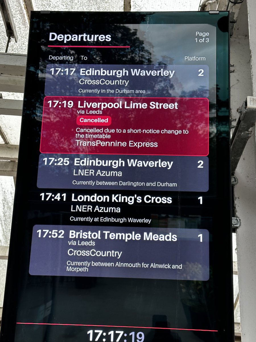 ⁦<a href="/LNER/">London North Eastern Railway</a>⁩ I’m assuming the 17:41 Durham to London King’s Cross isn’t actually Currently at Edinburgh Waverley as the signs at Durham station state? If it is, it’s gonna have a heck of a job getting here in 20 minutes!