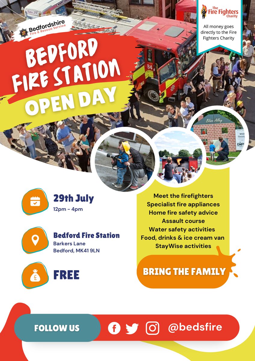 BedsFire's tweet photo. Bedford Fire Station Open Day!
SATURDAY, 29 JULY 2023 - 12-4pm
Meet the firefighters
Specialist fire appliances
Home fire safety advice
Assault course
Water safety activities
Food, drinks & ice cream van
Enter the StayWise colouring competition:
https://t.co/qzay5JFDMT https://t.co/pfCcXxOmKA