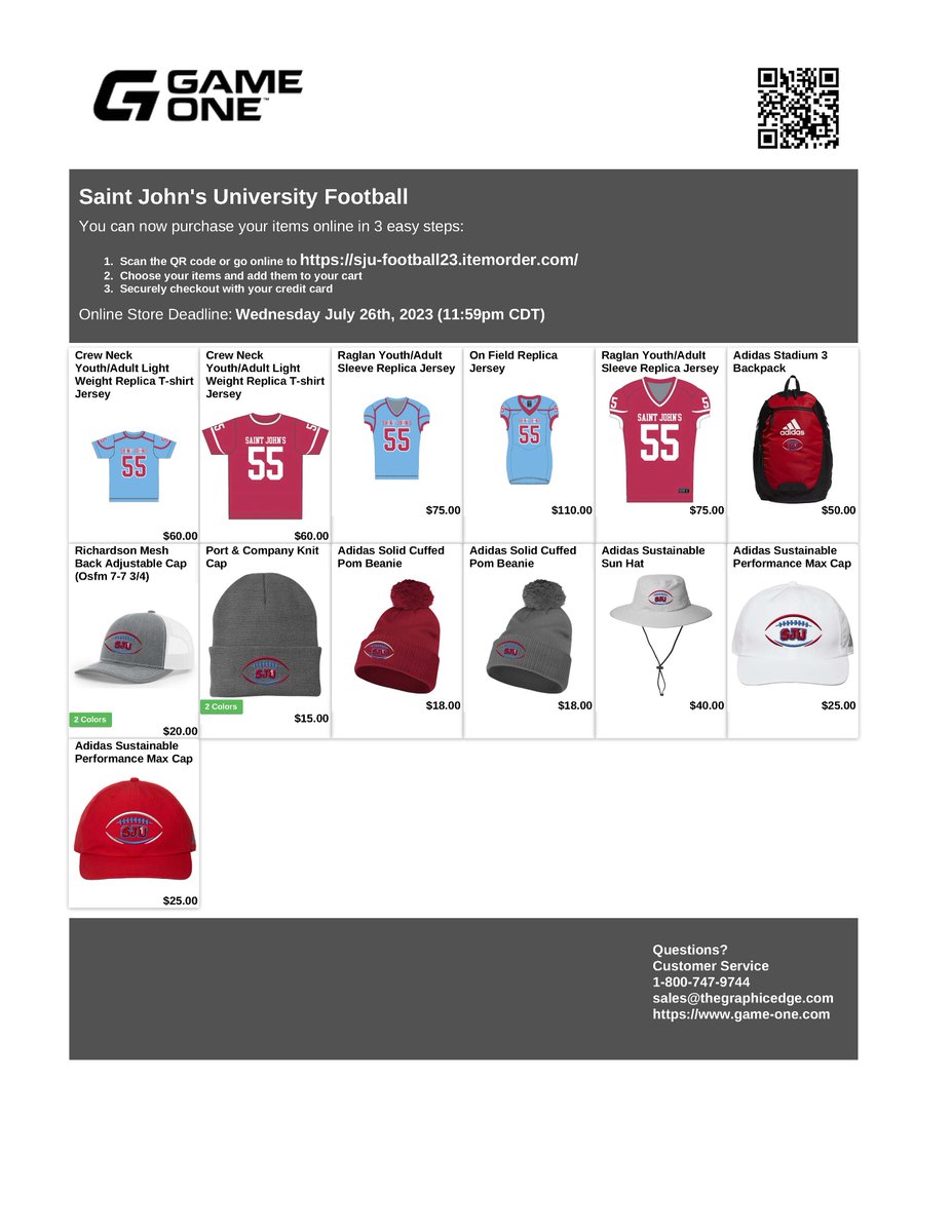 Johnnie Fans, The 2023 Team Store is now open! Order the latest SJU Football gear for the upcoming season. Store closes on July 26. sju-football23.itemorder.com