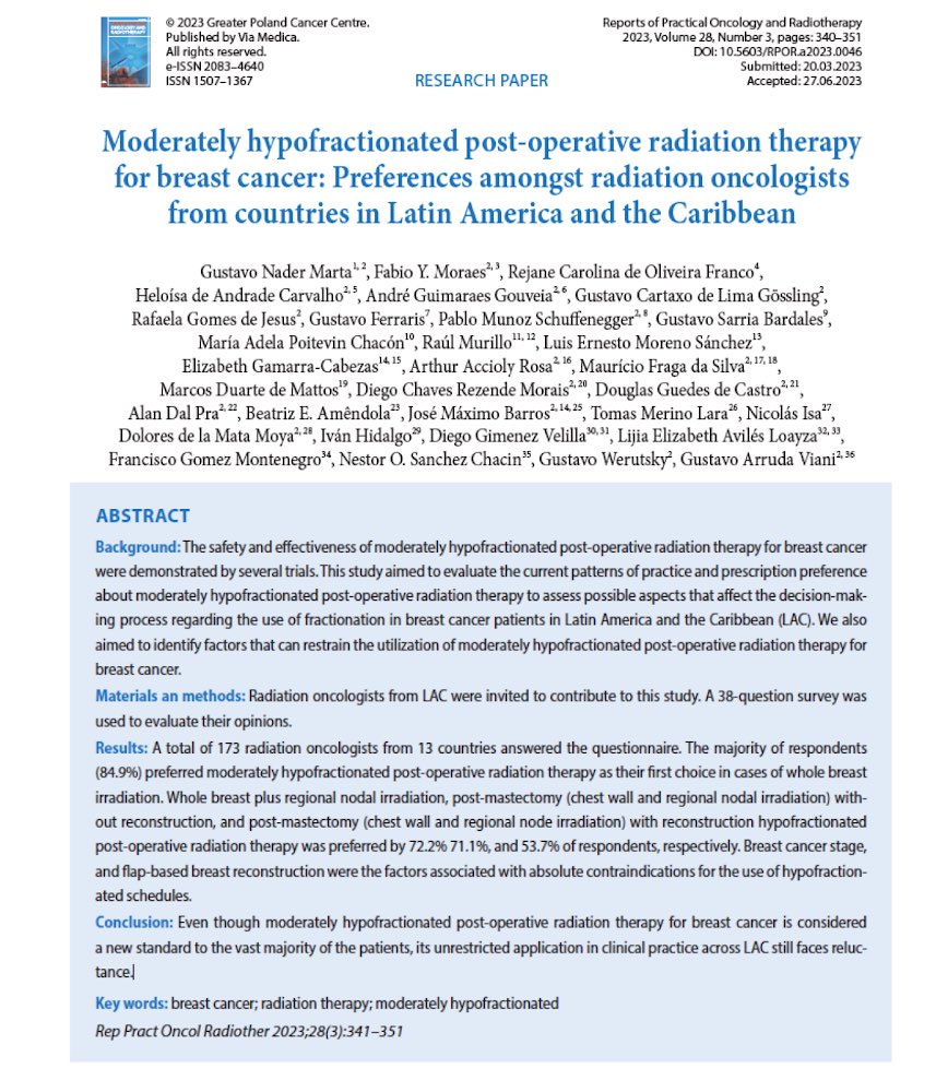Even though moderately hypofractionated post-operative radiation therapy for breast cancer is considered a new standard to the vast majority of the patients, its unrestricted application in clinical practice across LAC still faces reluctance. 
journals.viamedica.pl/rpor/article/v…