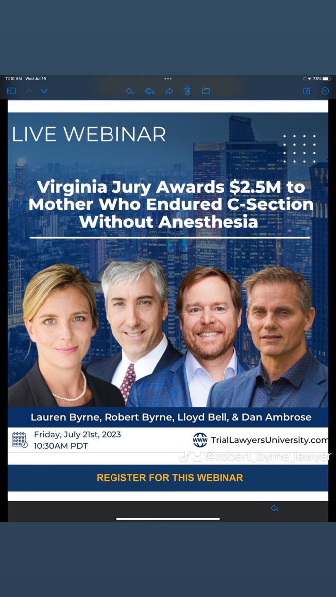 BobByrneJr's tweet photo. Trial Lawyers: join Lauren and me for a Trial Lawyers University webinar this Friday, where we will break down our recent $2.5M verdict for a mom who underwent a C-section without anesthesia. Lloyd Bell will moderate. #triallawyer #jury #Verdict https://t.co/BfphLRUy7U