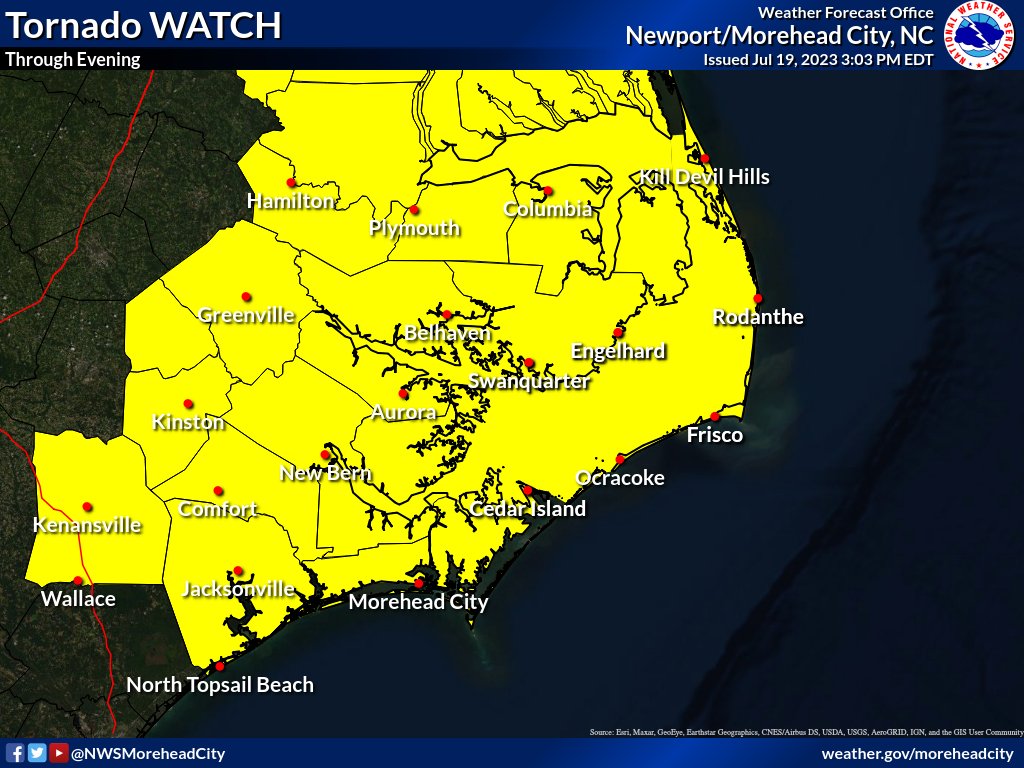 NWSMoreheadCity's tweet photo. The Tornado WATCH has been extended southward to include most of Eastern NC. A Watch means conditions are favorable for tornado development over the next few hours. Make sure you have a way to receive warnings and be #WeatherReady #ncwx #SevereWeather https://t.co/8jWEHROxOB