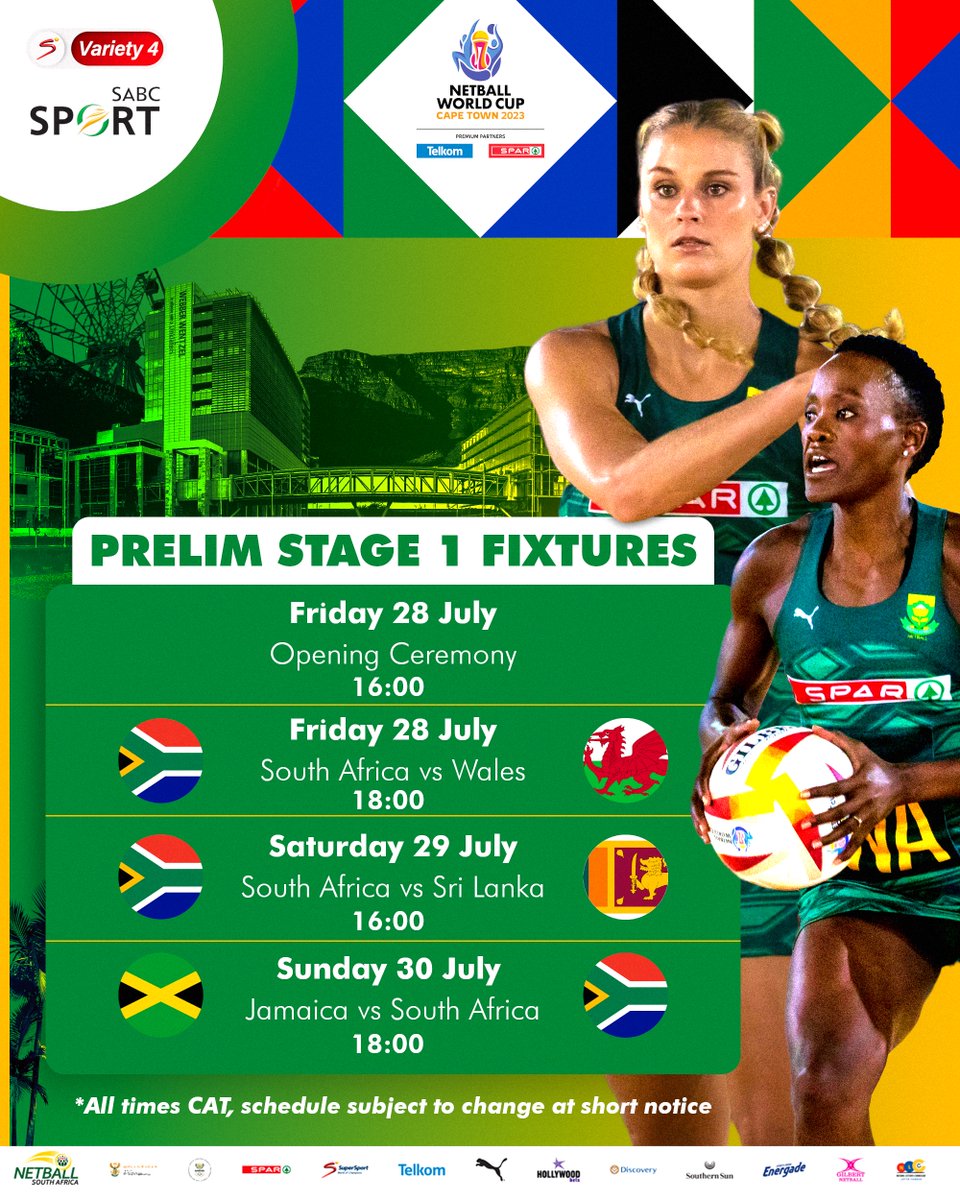 Netball_SA's tweet photo. 𝗦𝗼𝘂𝘁𝗵 𝗔𝗳𝗿𝗶𝗰𝗮 𝗙𝗜𝗫𝗧𝗨𝗥𝗘𝗦 🏆
𝗣𝗿𝗲𝗹𝗶𝗺𝗶𝗻𝗮𝗿𝗶𝗲𝘀 𝗦𝘁𝗮𝗴𝗲 1⃣

South Africa is grouped with Jamaica, Wales and Sri Lanka in Group C. Catch the SPAR Proteas in action LIVE on SuperSport and SABC Sport. 👏

🇿🇦🇯🇲🏴󠁧󠁢󠁷󠁬󠁳󠁿🇱🇰

#SPARProteas | #NWC2023 https://t.co/c4nq7NndQ0