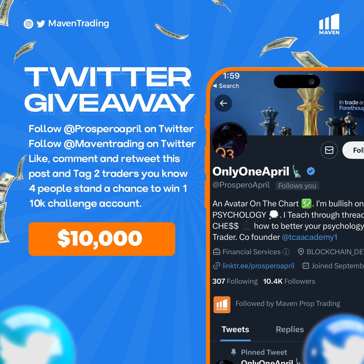 HERE WE GO!

4X $10,000 CHALLENGE ACCOUNT GIVEAWAY!! 🔥🔥

Tasks:
🔥 Follow <a href="/Maventrading/">Maven Prop Trading</a>, <a href="/ProsperoApril/">OnlyOneApril🗽</a>.
<a href="/_InvestorBen/">Investor Ben | OnLearn</a> and <a href="/Techriztm/">Techriz💯📈</a>
🔥 Like and Retweet this post.
🔥 Tag 2 traders in the comment section.

Winners will be announced in 48hrs

Goodluck! 🧡🧡🧡