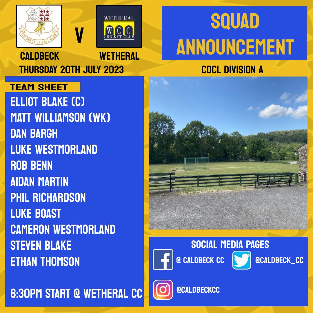 caldbeck_cc's tweet photo. Here’s the team for tomorrow nights match against Wetheral as we look to keep up our winning streak🏏 https://t.co/kLWLxP3qTN
