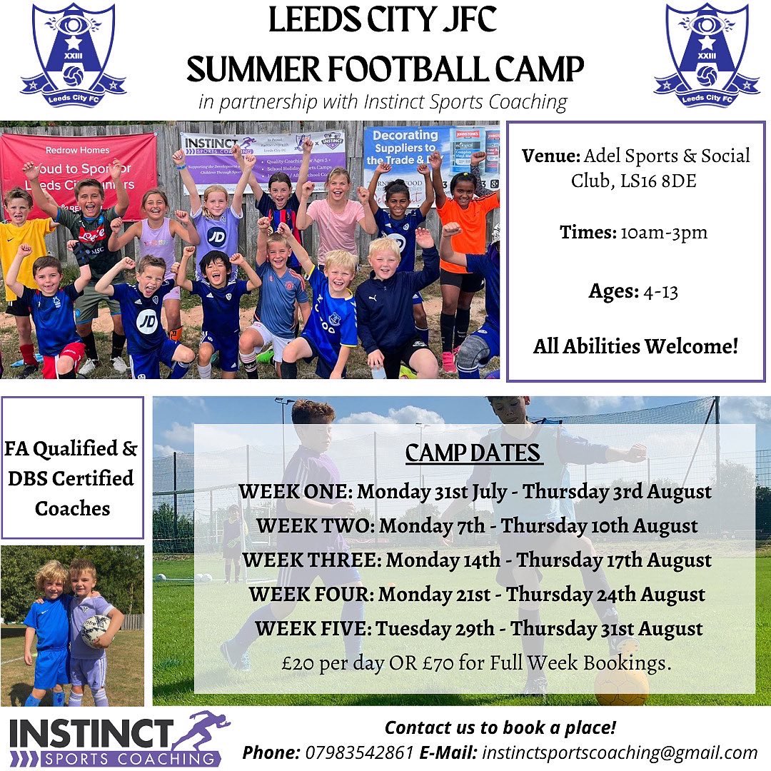 1nstinctsports's tweet photo. 1️⃣ WEEK TO GO!⏱ 

One week until we begin our School Holiday Football Camps this summer☀️🤩

We can’t wait to get started and look forward to welcoming you all onto our camps @ Adel &amp; Pool💜 

**Limited spaces still spaces available** 

Get in touch to book your child’s place!🚀 https://t.co/nD9kNRfMYO