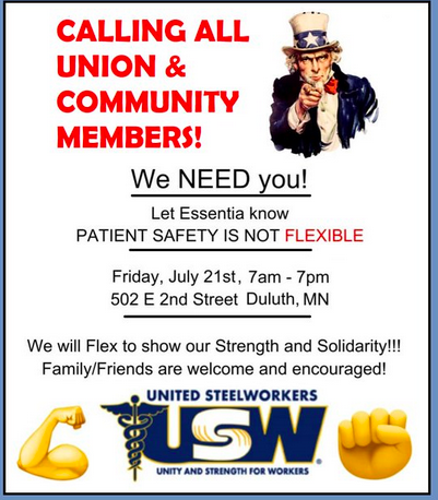 LaborWorldOrg's tweet photo. Both @steelworkers Local 9460 and @mnnurses will be holding an informational rally in front of Essentia's new building in Duluth on Friday, July 21, from 7 a.m. - 7 p.m. Solidarity!! https://t.co/8CgIHhyflC