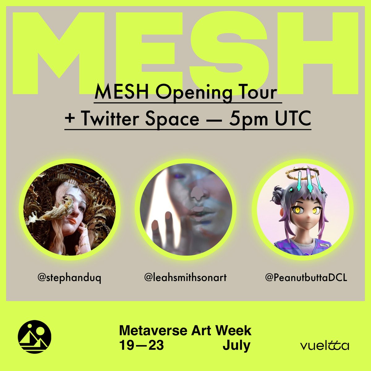 MESHfair's tweet image. Join us in just over 30 minutes as we open MESH and #MVAW23

Tune in for our guided tour: 

Jump in for the experience:
play.decentraland.org/?position=52%2…

5pm UTC / 7pm CET / 1pm ET

See you there!