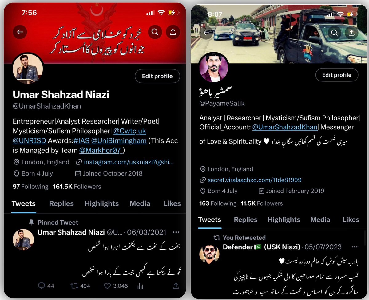 I have only two other twitter accounts. I've no other branch in my name so beware of imposters &amp; hackers.I shall not be held responsible for any tweets or Msgs sent from any other fake accounts created under my profile &amp; photos.Make Pakistan Proud🇵🇰
<a href="/UmarShahzadKhan/">Umar Shahzad Niazi</a> 
<a href="/PayameSalik/">شمشیرِ باھوؓ</a>