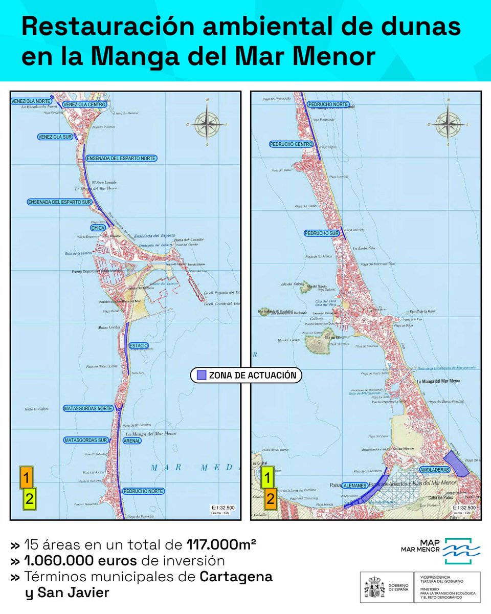 Iniciamos la restauración de 117.000m² de dunas en la Manga del Mar Menor 

Actuaciones:
► Eliminación de especies invasoras
► Restauración ambiental de dunas 
 → Introducción de especies autóctonas
 → Protección con vallados blandos
 → Implantación de captadores de arena