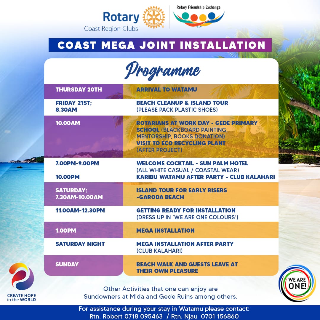 RotaryBamburi's tweet photo. From the Rotary Friendship Exchange arrivals, to the community service projects and eventual Installation ceremony - it goes down in the Programme! 😄

3️⃣ Days to the #MEGAJointInstallation 

#MagicalWatamu 🏖️🌅🌴
#TheCountdown #MEGAInstallation #CoastRotary  #D9212 #WeAreOne https://t.co/yKmMW8uDUz