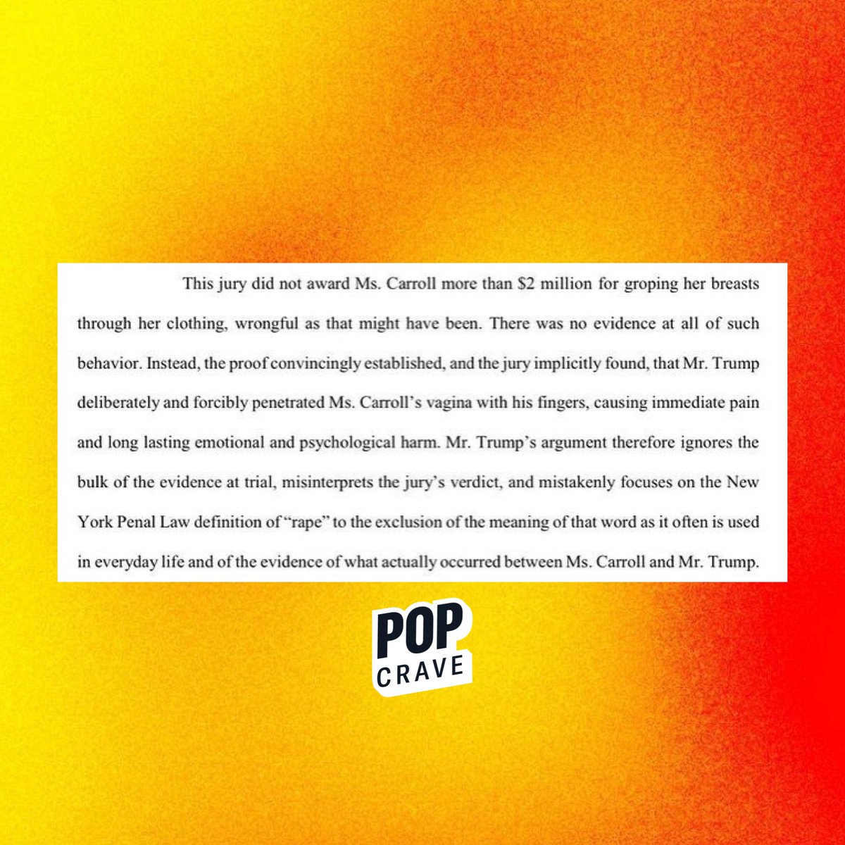 PopCrave's tweet photo. The jury in the E. Jean Carroll case has found that Donald Trump is a rapist, based on common definition of the word. 

🔗: https://t.co/jFicVtB7hf https://t.co/D1vR4aaCNE
