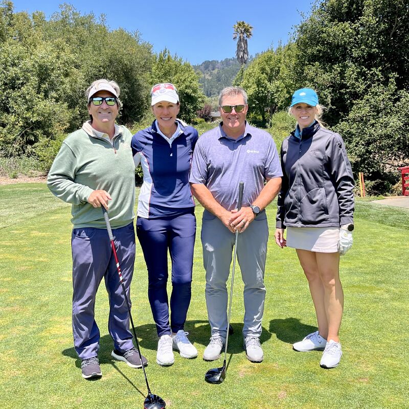 JeffWoolson's tweet photo. @TheNGCOA golf outing with Rachel Carter, Jeff White and Suzy Whaley. I learned that in a scramble, it helps considerably when your partner is a former #LGPA player. Thanks @SuzyWhaley for putting up with my game! #MCOR23 https://t.co/CgBVs2LNEq