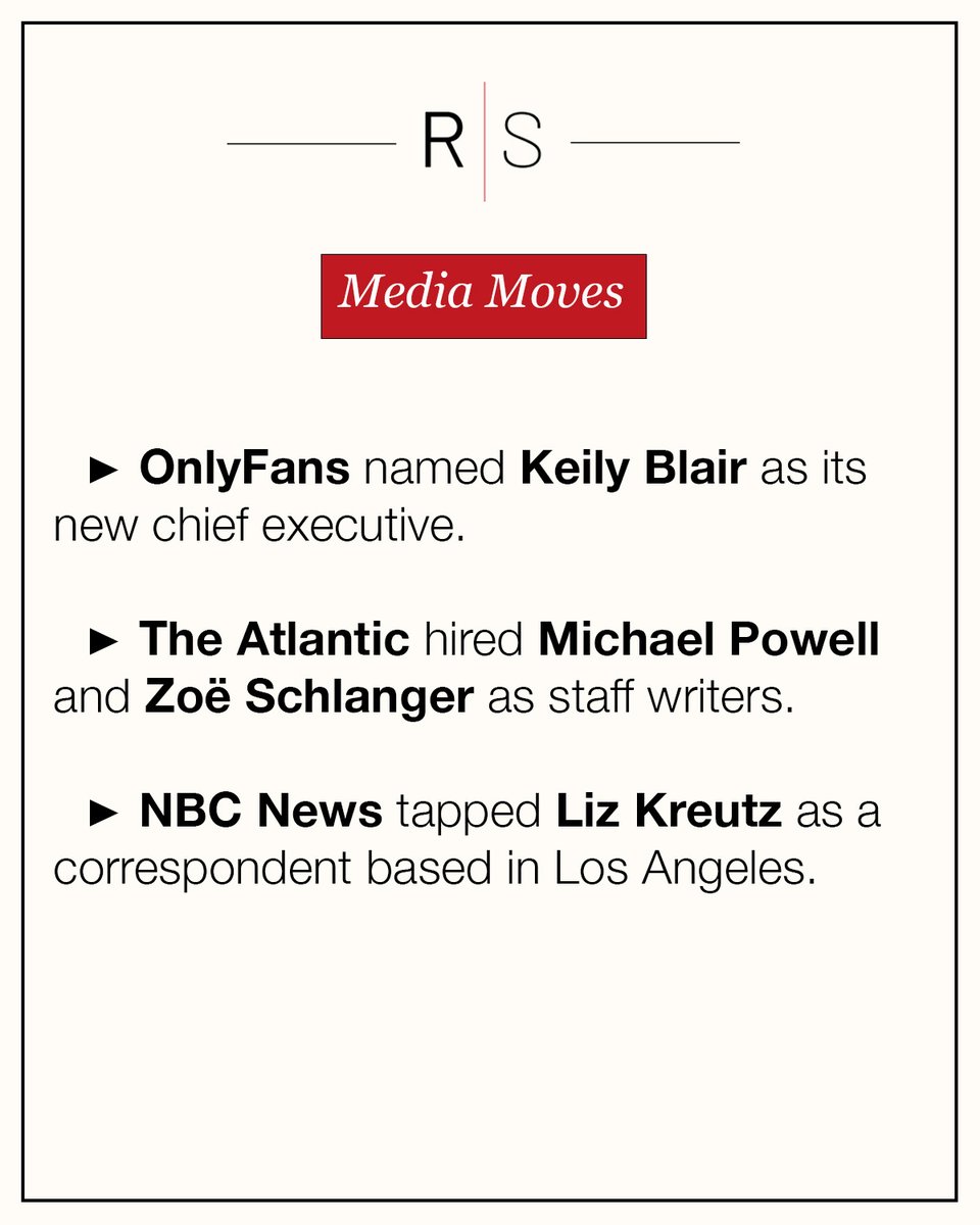 Reliable Sources (@reliablesources) on Twitter photo Today's Media Moves with Reliable: <a href="/KeilyBlair/">Keily Blair</a> at OnlyFans, @powellnyt and <a href="/zoeschlanger/">Zoë Schlanger</a> at The Atlantic, and <a href="/LizKreutzNews/">Liz Kreutz</a> at NBC News. Today's Media Moves with Reliable: <a href="/KeilyBlair/">Keily Blair</a> at OnlyFans, @powellnyt and <a href="/zoeschlanger/">Zoë Schlanger</a> at The Atlantic, and <a href="/LizKreutzNews/">Liz Kreutz</a> at NBC News.