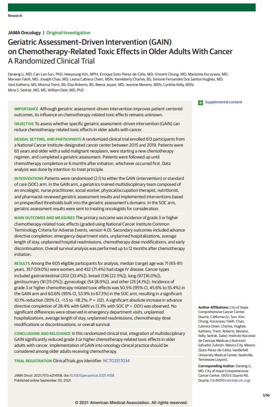myCARG's tweet image. Although #GeriatricAssessment driven intervention improves patient outcomes, its influence on toxicity effects remains unknown. #PracticalGA23 #OncoAlert #OlderAdults #Cancer @myCARG @SIOGorg @YoungSIOG @CityofHope @cityofhopeoc @MySuppCareCOH 7/13