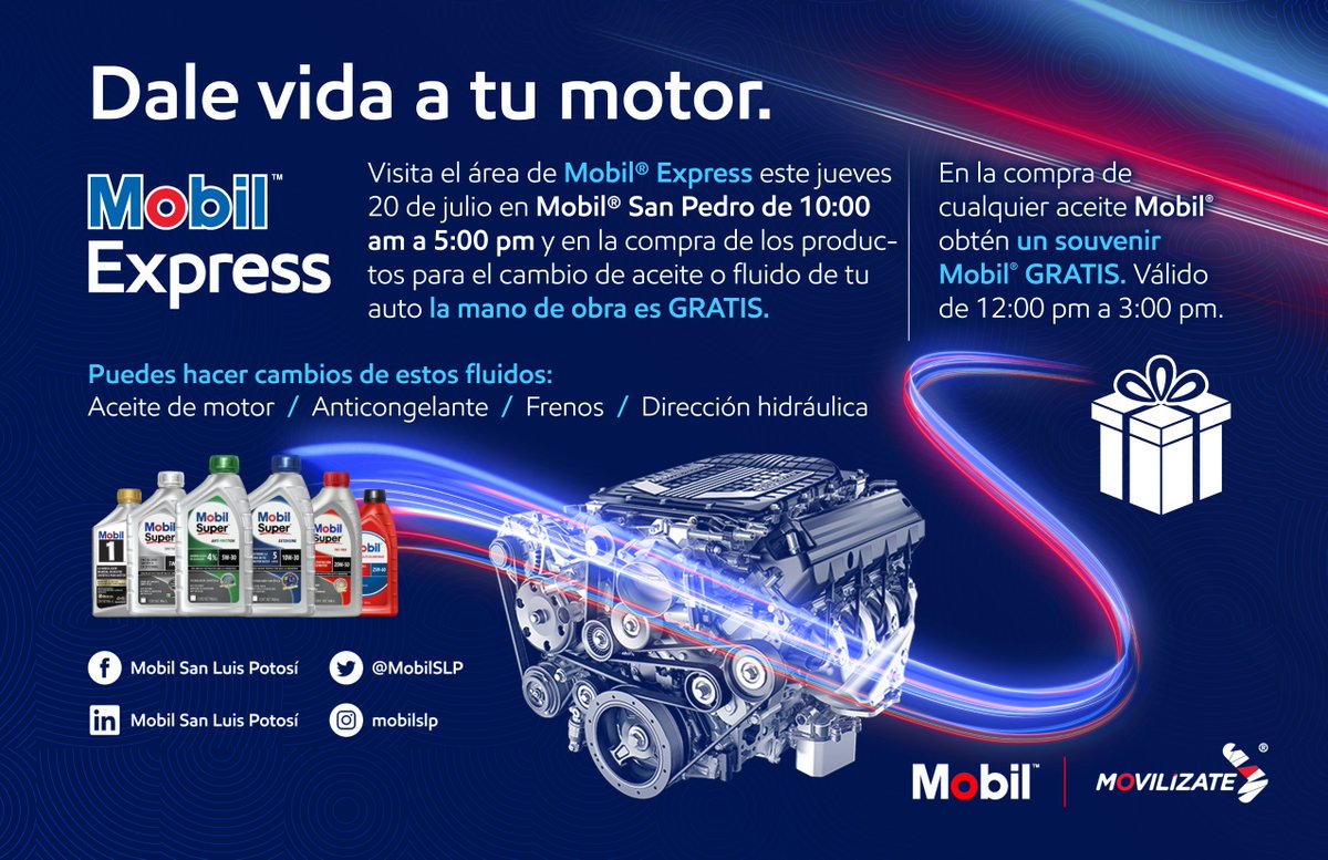 MobilSLP's tweet photo. Este jueves 20 de julio acercate al área Mobil Express en Mobil San Pedro de 10 AM a 5 PM y en la compra cualquier aceite llévate un souvenir. La mano de obra es GRATIS.

📍Mobil San Pedro | Av. San Pedro #1692, Col. San Francisco.

#MobilExpress #SanLuisPotosí #Movilízate https://t.co/N4GHzBSnFg