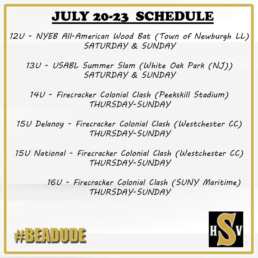 Hudson Valley Select Baseball (@hvselectbsb) on Twitter photo Here’s a look at all of the teams that are in action this weekend! Four of our teams begin the <a href="/firecrackerbsb/">Firecracker Baseball</a> Colonial Clash Showcase tomorrow while 13u plays at USABL in Jersey and 12u takes the field at NYEB’s Wood Bat tournament on Saturday and Sunday!
#DUDES Here’s a look at all of the teams that are in action this weekend! Four of our teams begin the <a href="/firecrackerbsb/">Firecracker Baseball</a> Colonial Clash Showcase tomorrow while 13u plays at USABL in Jersey and 12u takes the field at NYEB’s Wood Bat tournament on Saturday and Sunday!
#DUDES