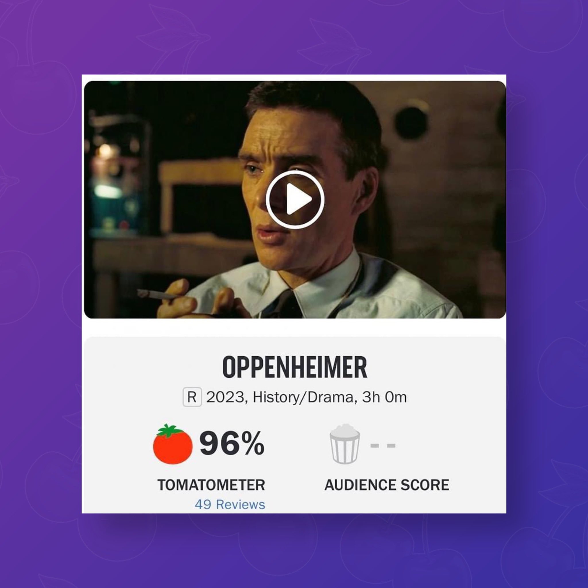 Oppenheimer debuts with a 96% on Rotten Tomatoes, based on 49