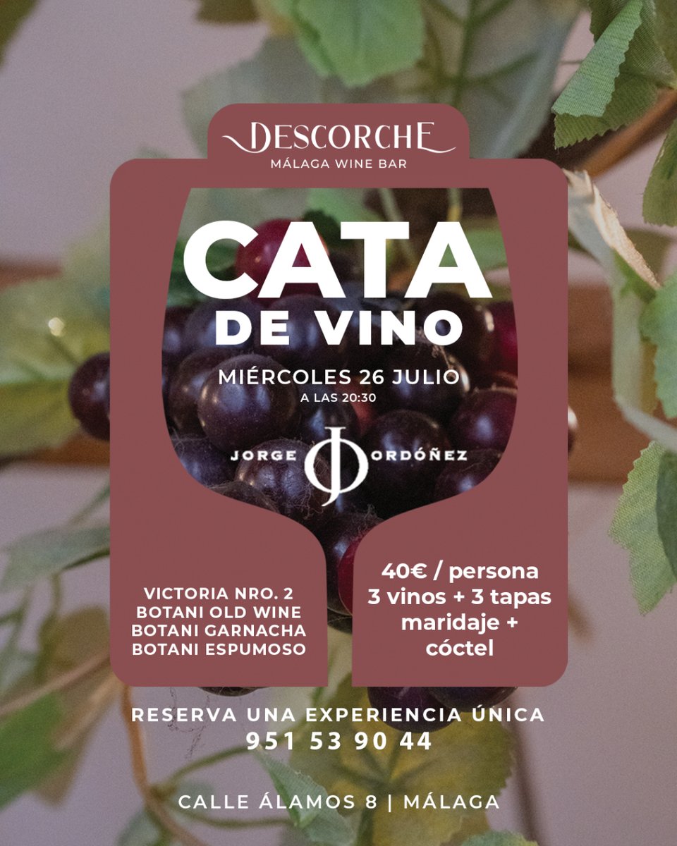 🍷 ¡Atención amantes del vino! 🍷 El miércoles 26 de julio, a las 20:30, descubriremos los exquisitos vinos de la Bodega Jorge Ordóñez. 🍇

Reserva ya
📞 +34 689 586 795 / +34 951 539 044

#CataDeVinos #ElDescorche #JorgeOrdóñez #AmantesDelVino #ExperienciaÚnica #CenaMaridaje