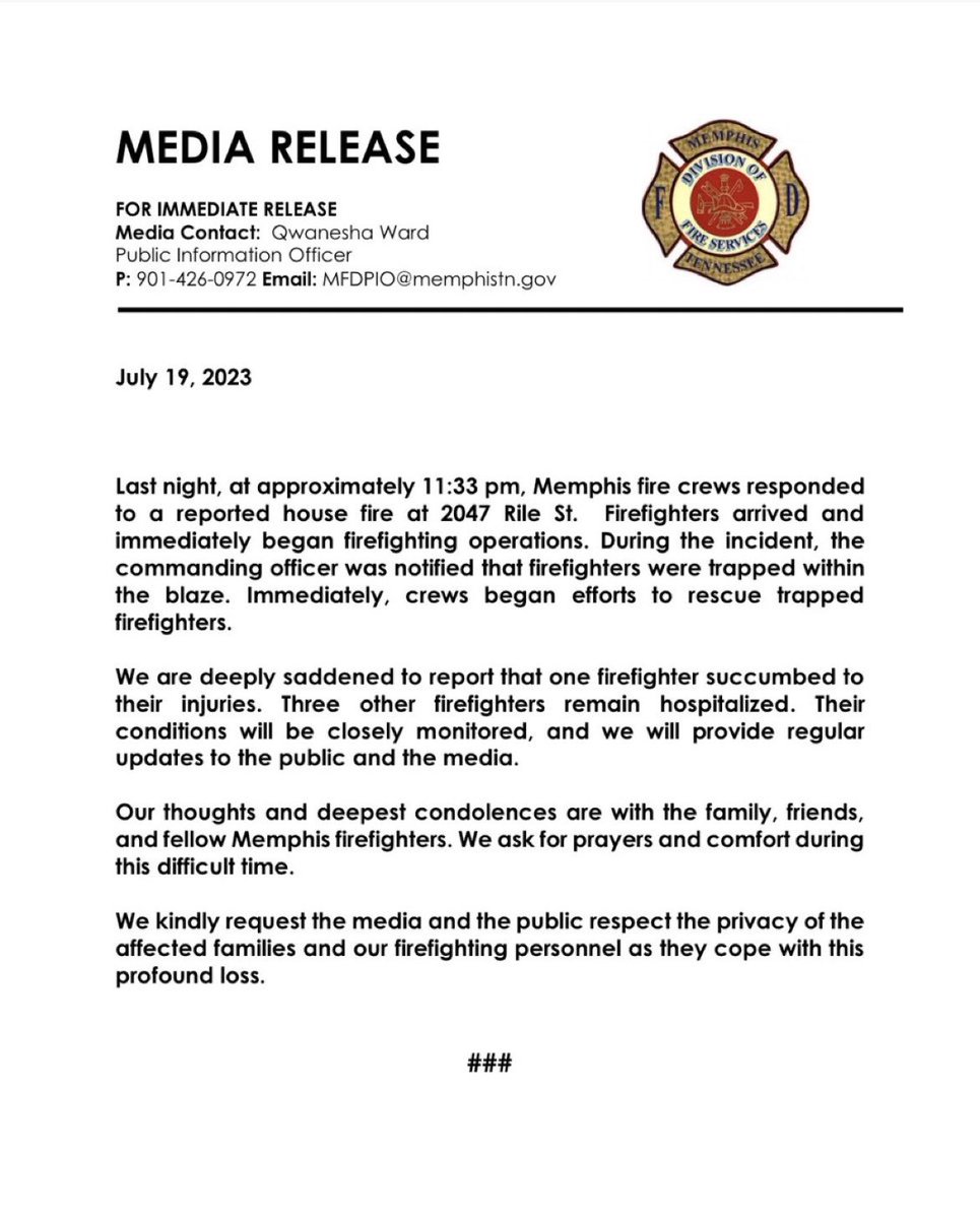 Our thoughts and prayers are with the family of Fire Fighter who made the ultimate sacrifice for his fellow man!