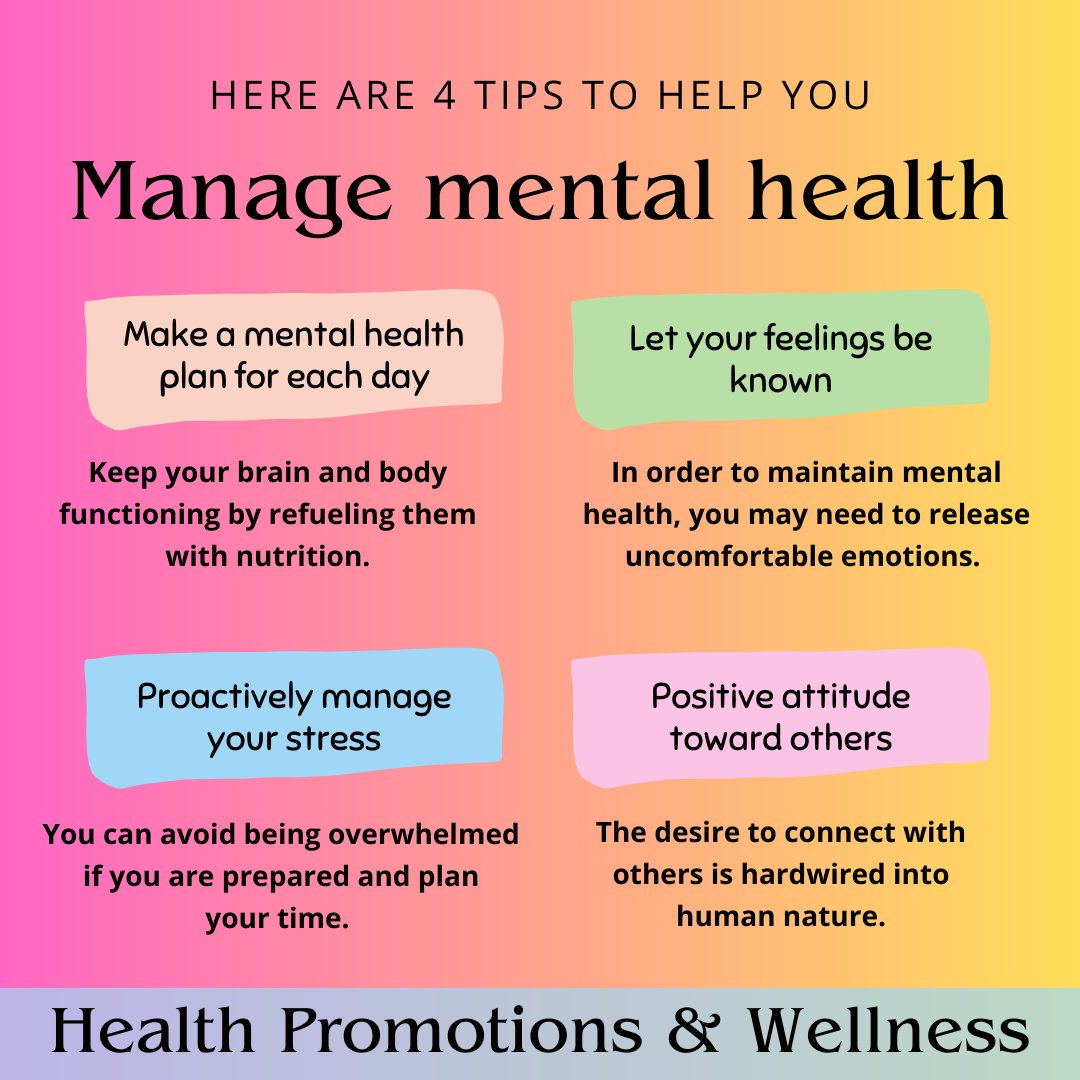VSU_Wellness's tweet photo. 4 Tips to help manage mental health:

-Make a mental health plan for each day
-Let your feelings be known
-Proactively manage your stress
-Positive attitude toward others

Don't forget! The Office of Health Promotions and Wellness are available to all Students and Faculty 24/7 https://t.co/b3rijb4m9D